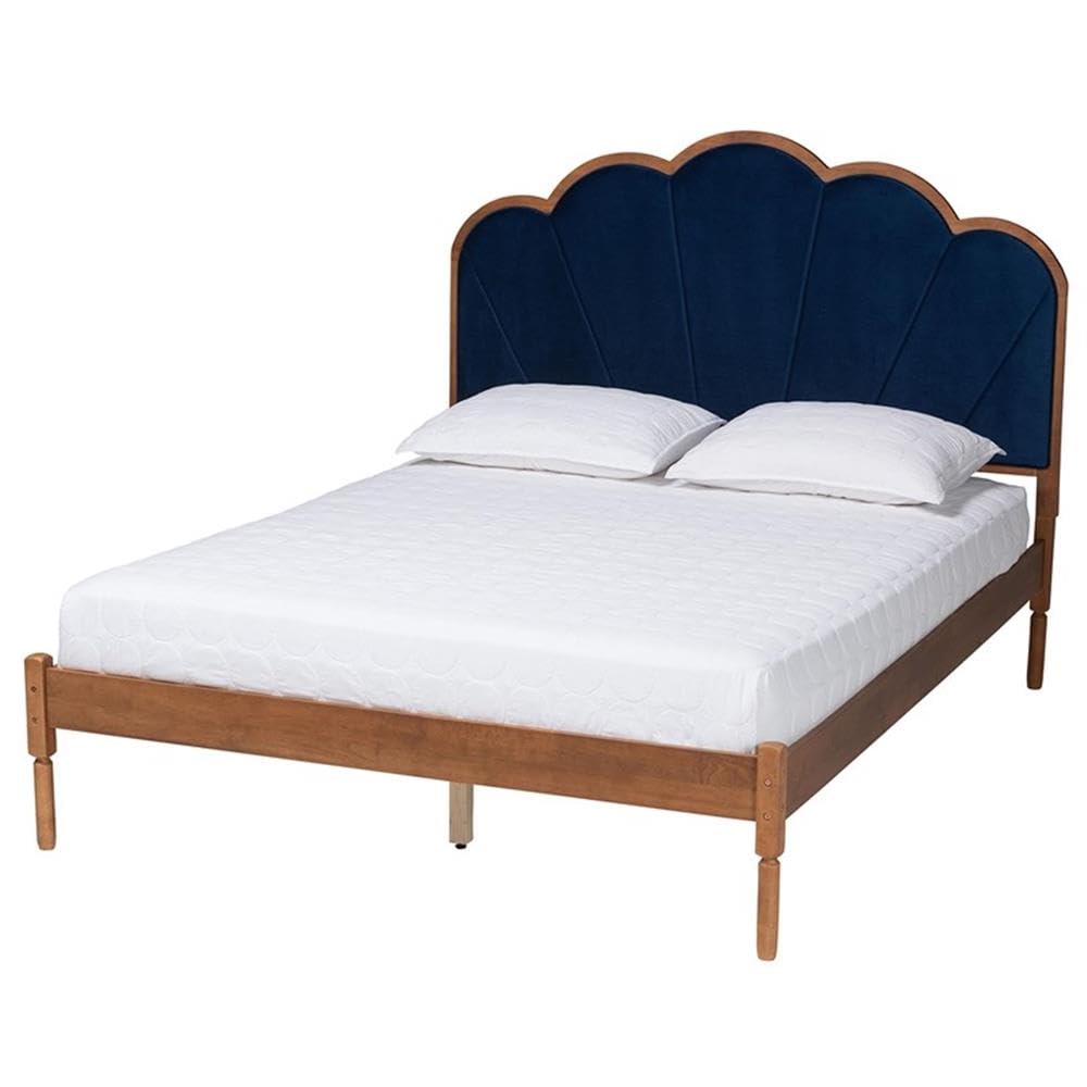 Baxton Studio Hadria Mid-Century Modern Navy Blue Velvet And Walnut Brown Finished Wood Queen Size Platform Bed