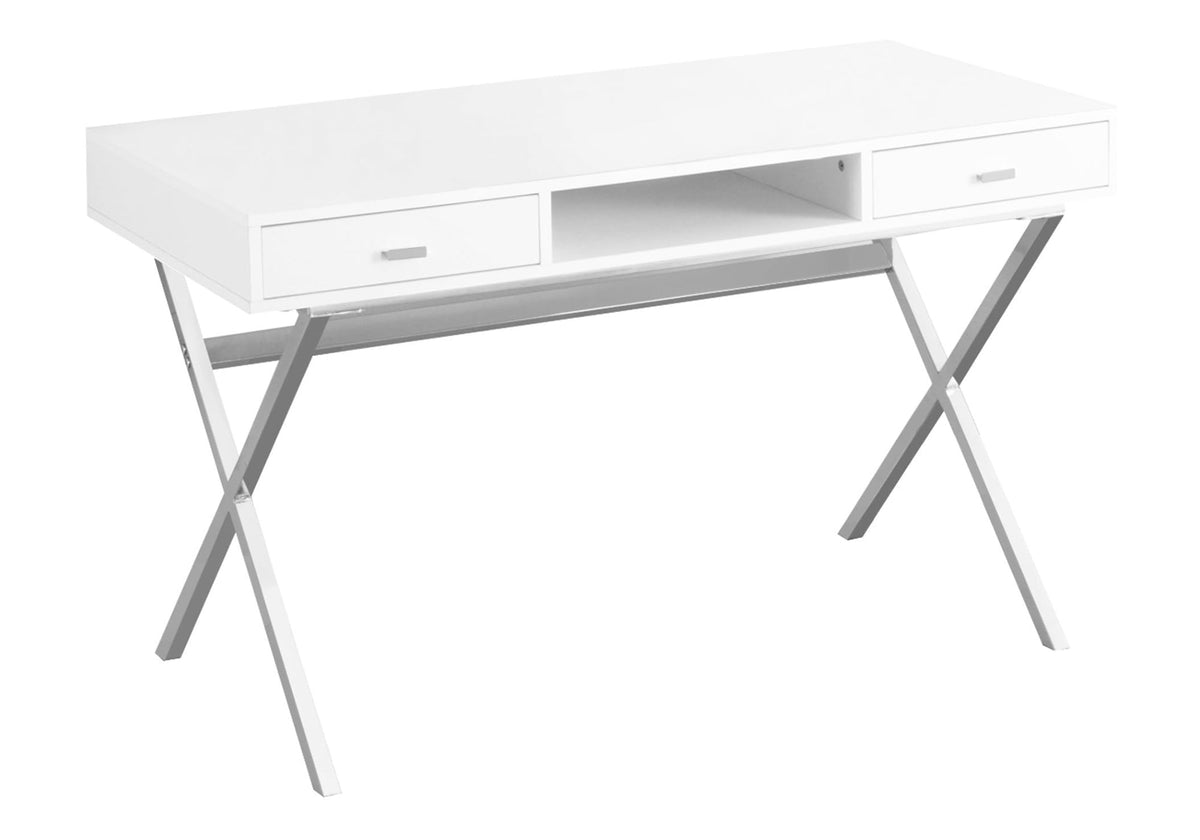 Monarch Specialties Laptop Table with Drawers and Open Shelf Computer, Writing Desk, Metal Sturdy Legs, 48&quot; L, Glossy White