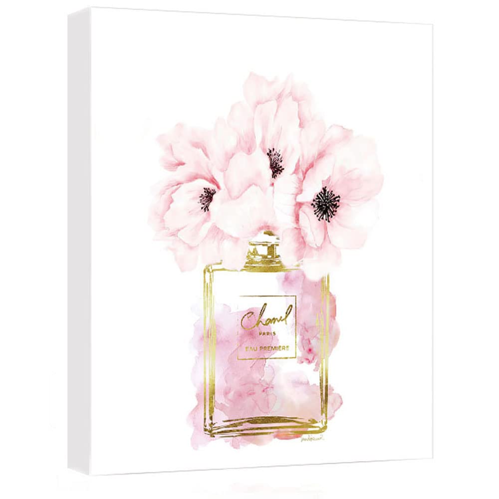 Canvas Wall Art Glam Perfume Chanel Pictures Wall Decor Pink Flowers And Gold Canvas Wall Art Girl Home Decor For Bedroom Wall B