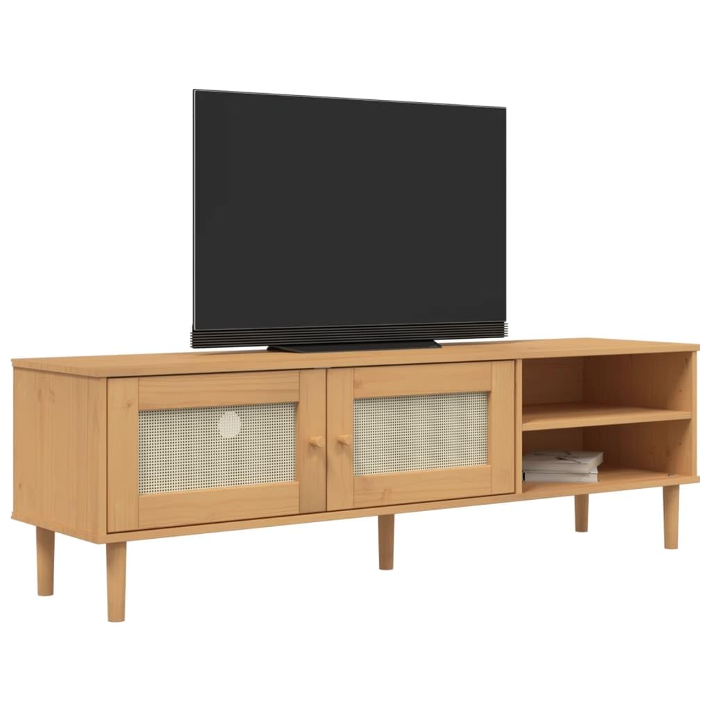 vidaXL SENJA Solid Wood Pine TV Stand with Handcrafted Rattan Look Surface, Stylish Storage Cabinet with Compartments and Doors, Brown?