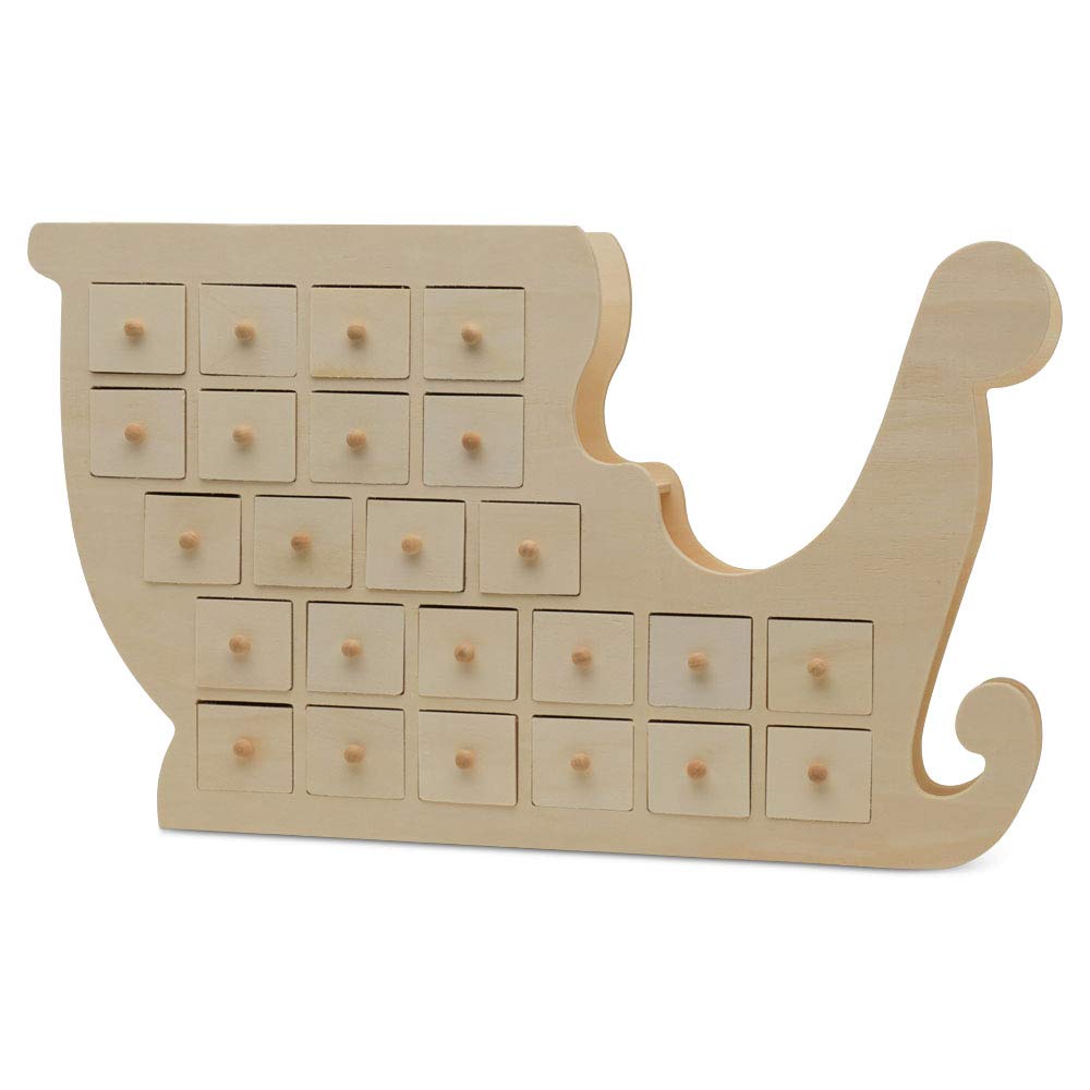 Sleigh Wooden Advent Calendar 12 x 20 Inch, Pack of 4 Christmas Advent Calendar With 24 Empty Drawers for Crafts, by Woodpeckers