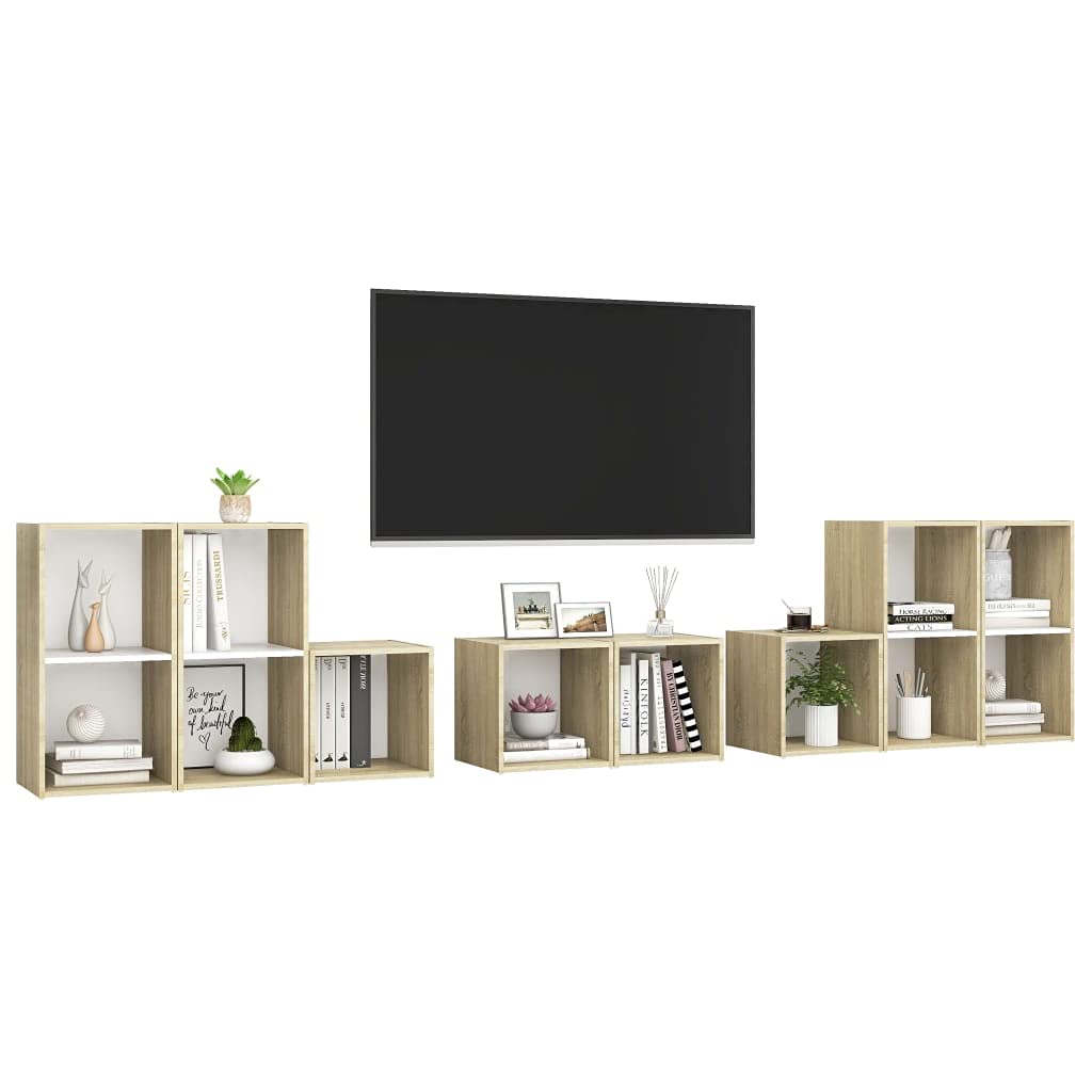 vidaXL TV Stand Set 8 Piece Bedroom Living Room Entertainment Center HiFi Cabinet TV Stand Unit Furniture White and Sonoma Oak Engineered Wood