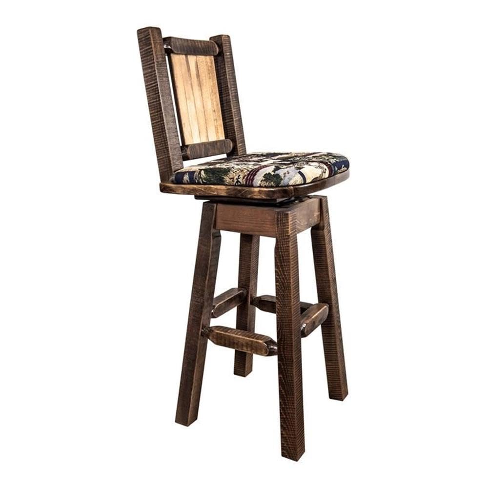 Montana Woodworks Homestead Collection Counter Height Barstool with Back & Swivel, Upholstered Seat, Woodland Pattern with Laser Engraved Bear Design, Stained & Lacquered