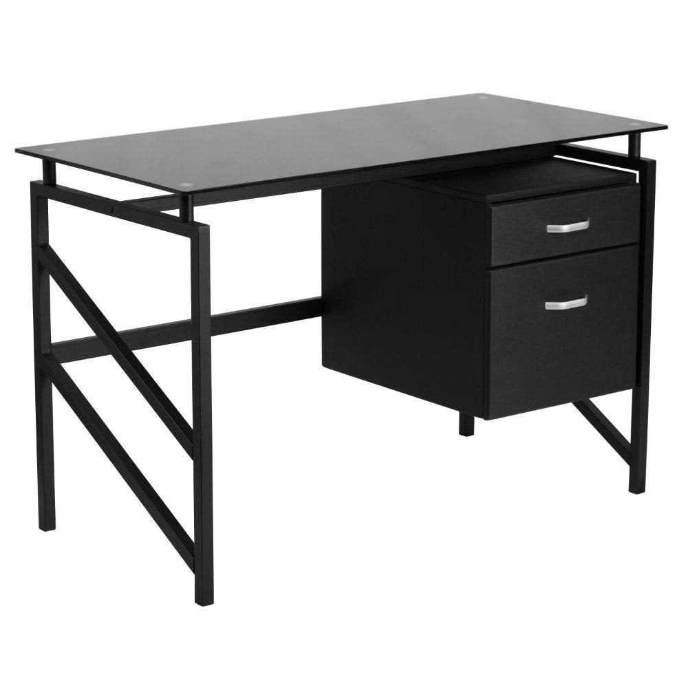 Flash Furniture Singleton Glass Desk with Two Drawer Pedestal,Black