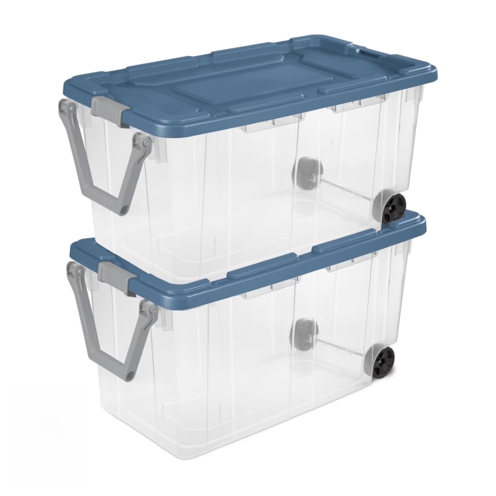 ENUILSZ ExtraLarge Wheeled Rugged Storage Bin, 2 Pack, 160 Quart Durable Clear Storage Container with Latching Lid and Pull Han