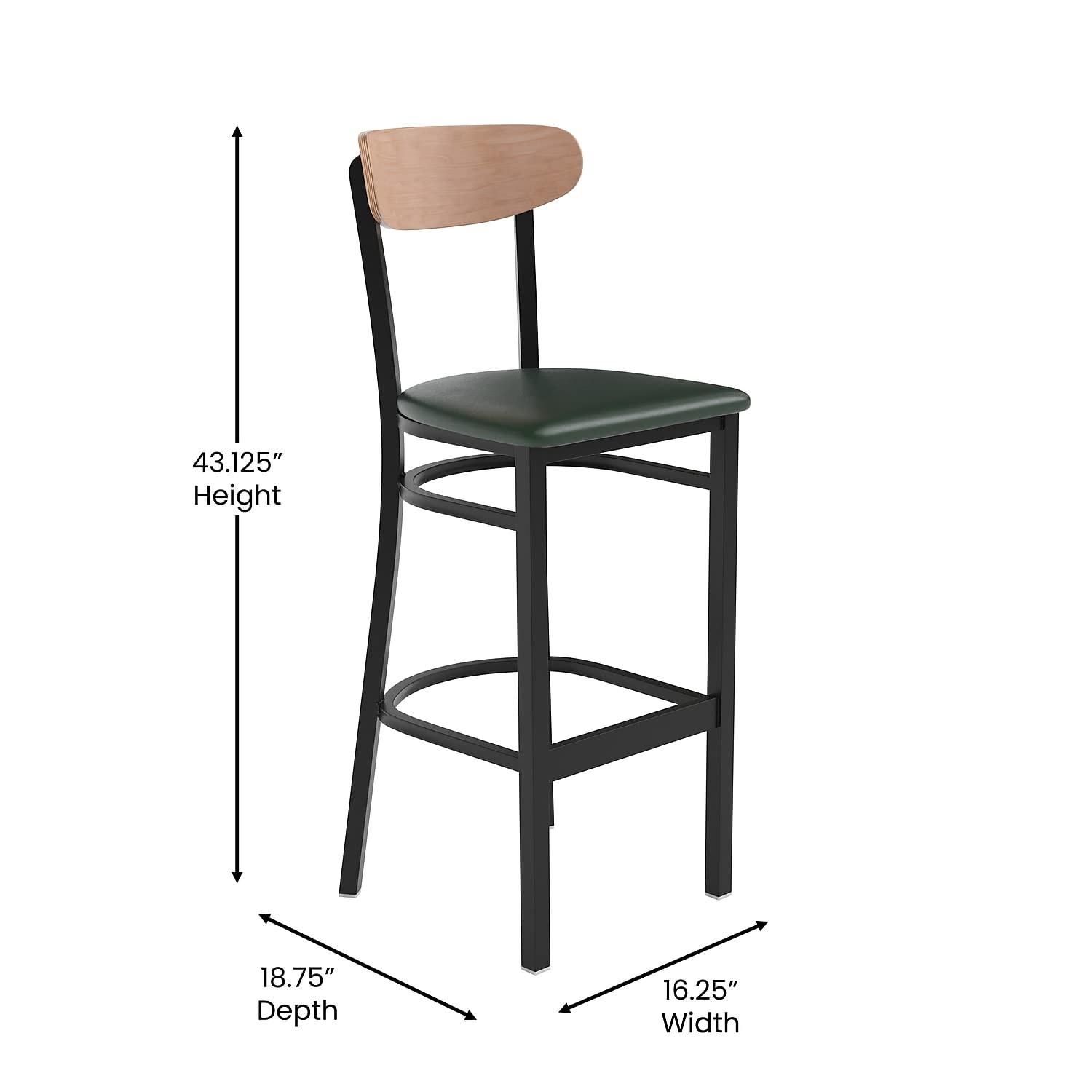 Flash Furniture Wright Commercial Barstool - Natural Birch Finish Wood Boomerang Back - Green Vinyl Seat - 500 LB. Capacity Black Steel Frame - Integrated Footrest