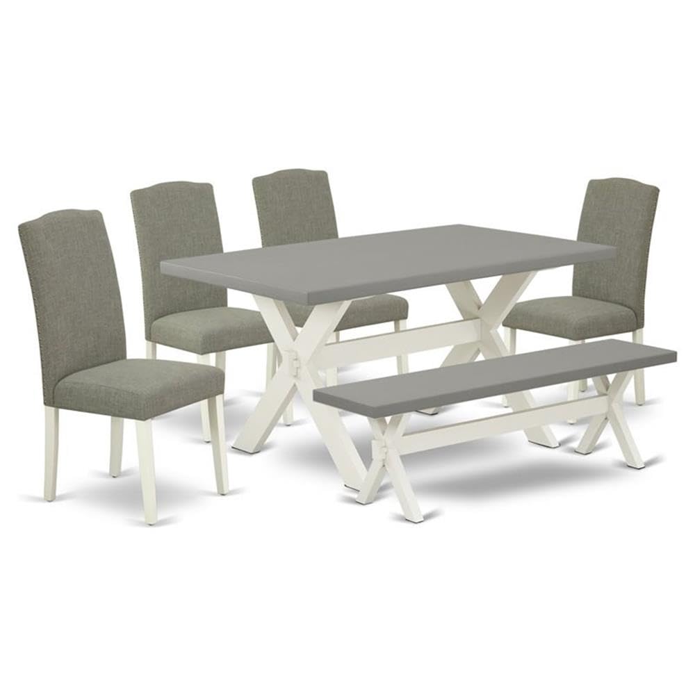 East West Furniture X096En206-6 6 Piece Kitchen Table Set Contains A Rectangle Dining Table And 4 Dark Shitake Linen Fabric Upholstered Chairs With A Bench, 36X60 Inch, Multi-Color