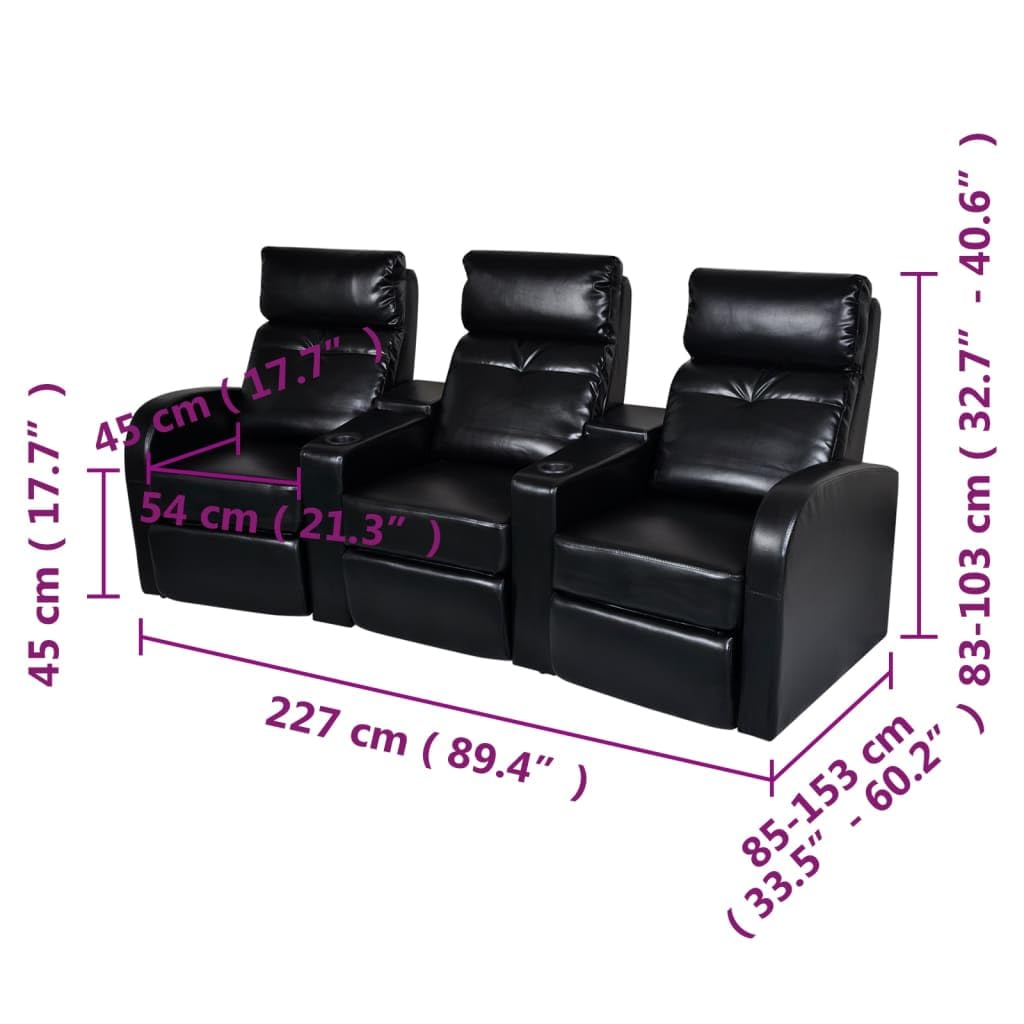 vidaXL Sofa, 3 Seat Recliner Sofa with Adjustable Backrest, Upholstered Reclining Sofa Home Theater Seating, Modern Style, Black Faux Leather