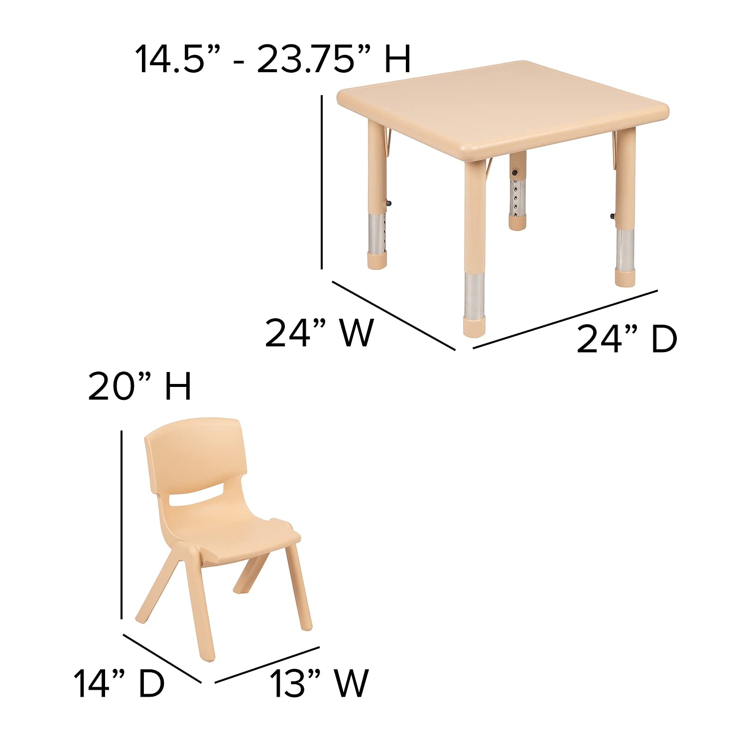 Flash Furniture 24' Square Natural Plastic Height Adjustable Activity Table Set With 4 Chairs
