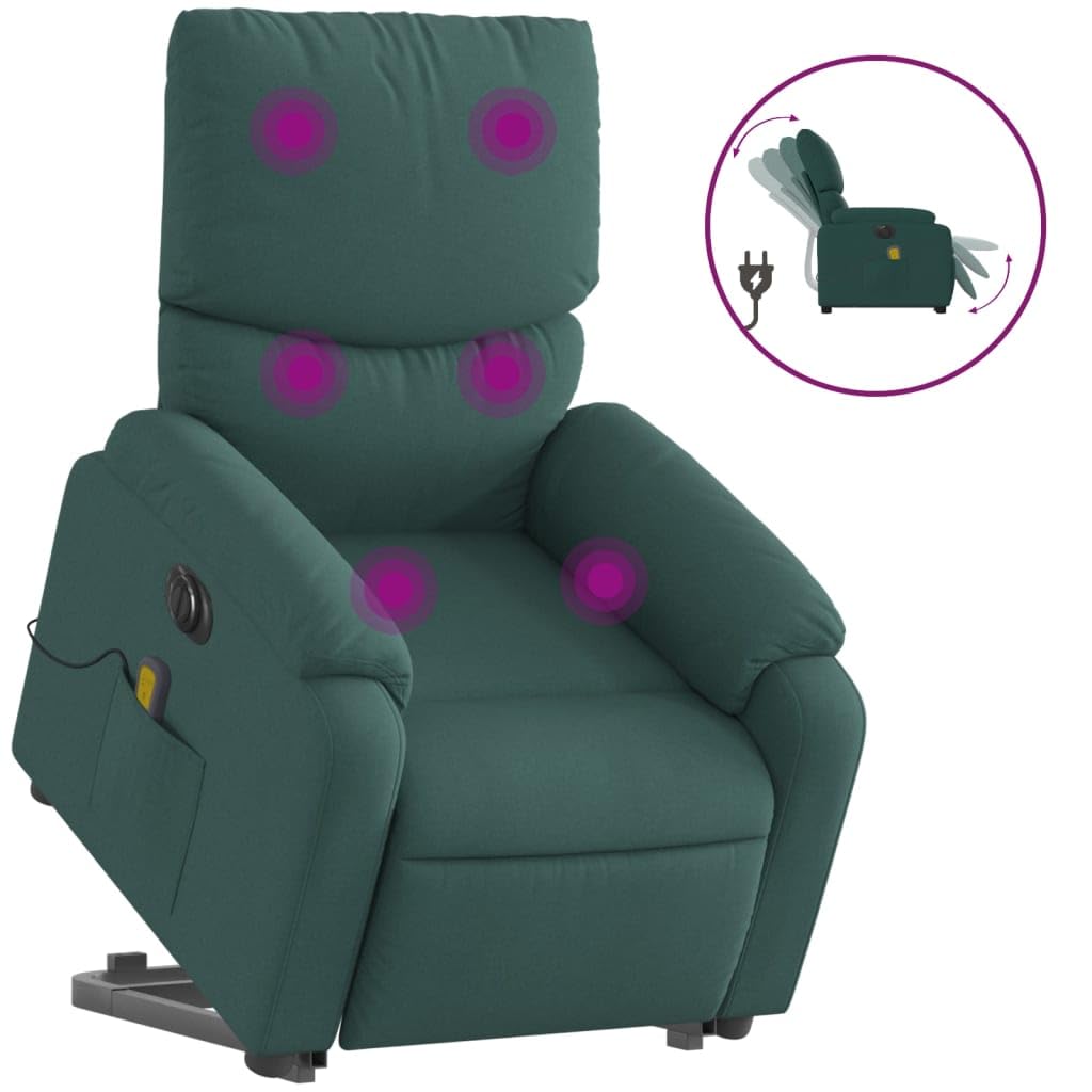vidaXL Electric Massage Recliner Chair with Stand-Up Lift and Recline Function - Dark Green Fabric, Adjustable Comfort, with Vib