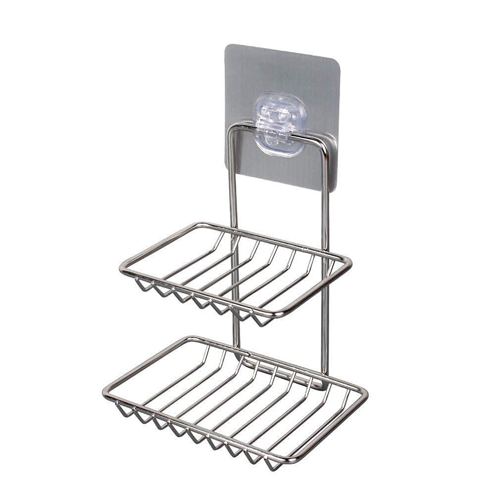 Wall Mounted Double Layer Soap Dish Holder Stainless Steel Wall Hanging Soap Storage Rack For Kitchen BathroomWith Self Adhesiv