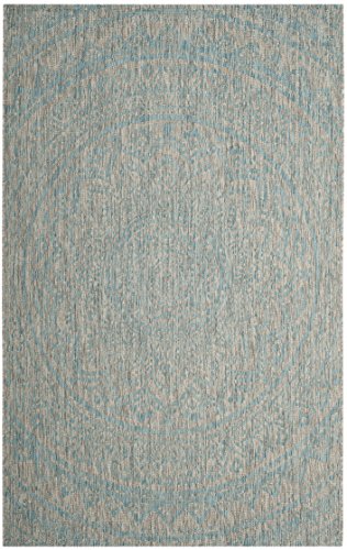 Safavieh Courtyard Collection 4' X 5'7' Grey / Aqua Cy8734 Indoor/ Outdoor Waterproof Easy Cleaning Patio Backyard Mudroom Accent Rug