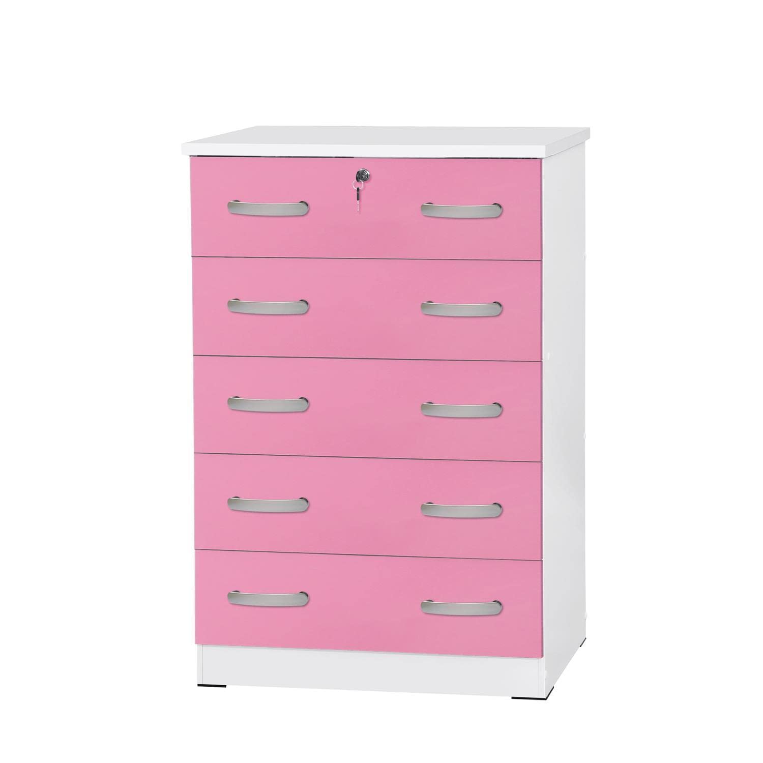 Better Home Products Cindy 5 Drawer Chest Wooden Dresser With Lock In Pink
