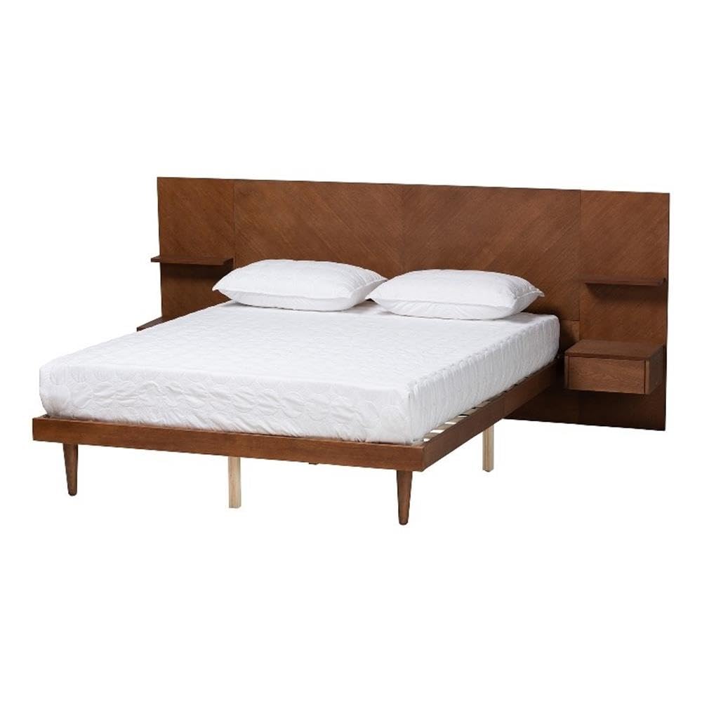 Baxton Studio Graham Mid-Century Modern Transitional Ash Walnut Finished Wood Queen Size Platform Storage Bed with Built-in Nightstands