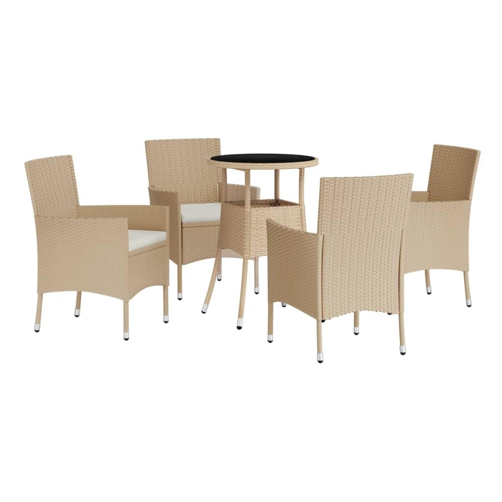 Vidaxl 5-Piece Poly Rattan Patio Bistro Set - Beige W/Cushions, Tempered Glass Tabletop - Comfortable, Durable Outdoor Furniture For Garden/Deck