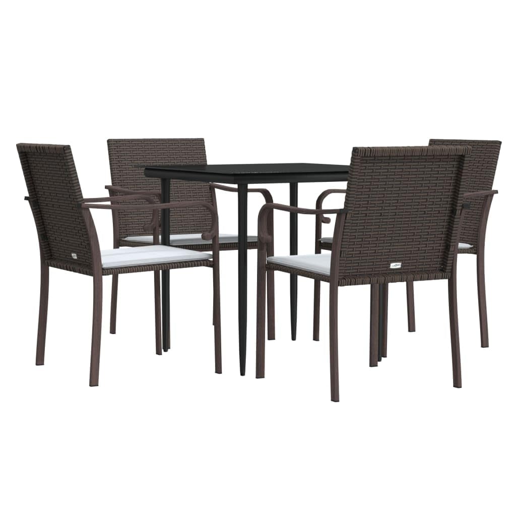 vidaXL Garden Dining Set with Cushions - 5 Pieces, Poly Rattan and Steel, Tempered Glass Tabletop, Brown Chairs and Cream White Cushions for Patio, Deck, Outdoor Living Space