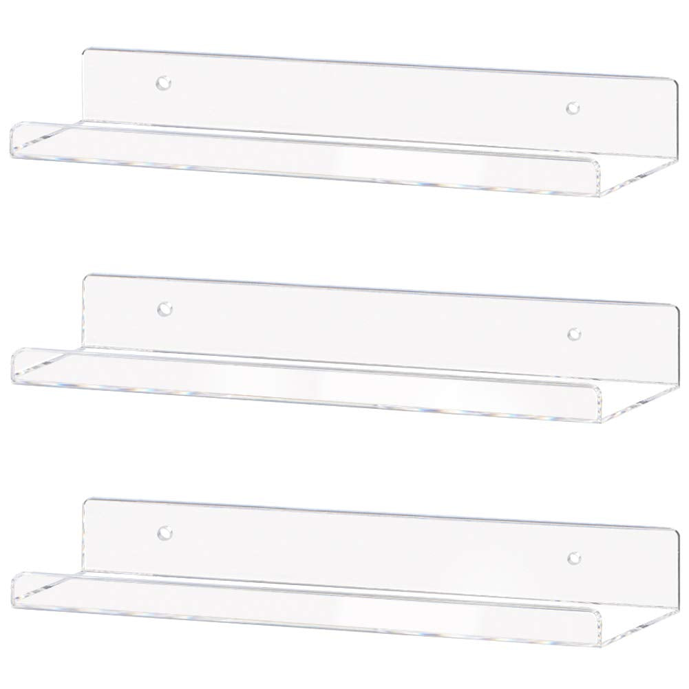 Weiai Clear Acrylic Shelf 15 Invisible Floating Wall Ledge Bookshelf, Kids Book Display Shelves Wall Mounted (15 Inch 3Pack)
