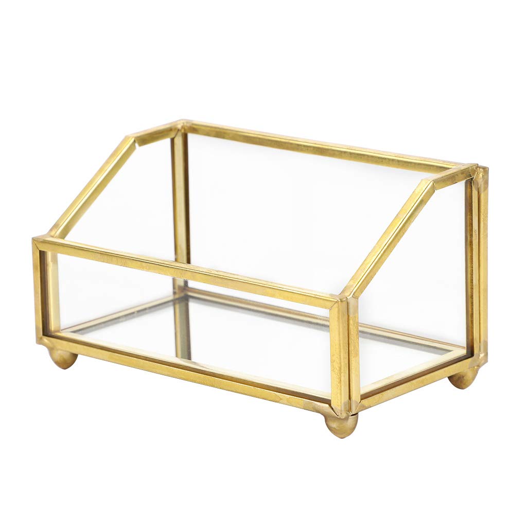 Hipiwe Glass Business Card Holder Stand, Gold Metal Frame Name Card Display Organizer, Office Desktop Countertop Business Cards