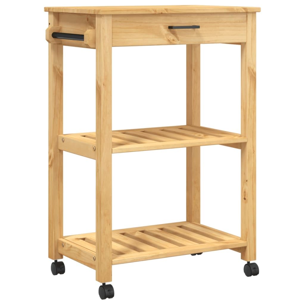 vidaXL Wooden Kitchen Trolley - Rolling Utility Cart with Drawer, Shelves & Hooks, Honey Wax Finish, Solid Pine Wood