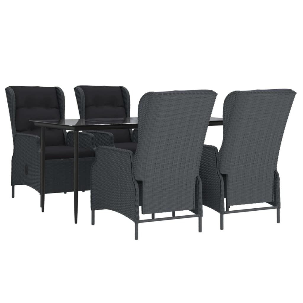 vidaXL Patio Dining Set 5 Piece – Dark Gray Poly Rattan, Adjustable Backrest Chairs, Tempered Glass Tabletop – Outdoor/Garden/Deck Furniture