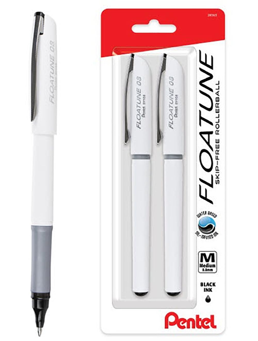 Pentel Floatune Skip-Free Rollerball Pen, 0.8Mm Medium Line, Black Ink, 2 Pack