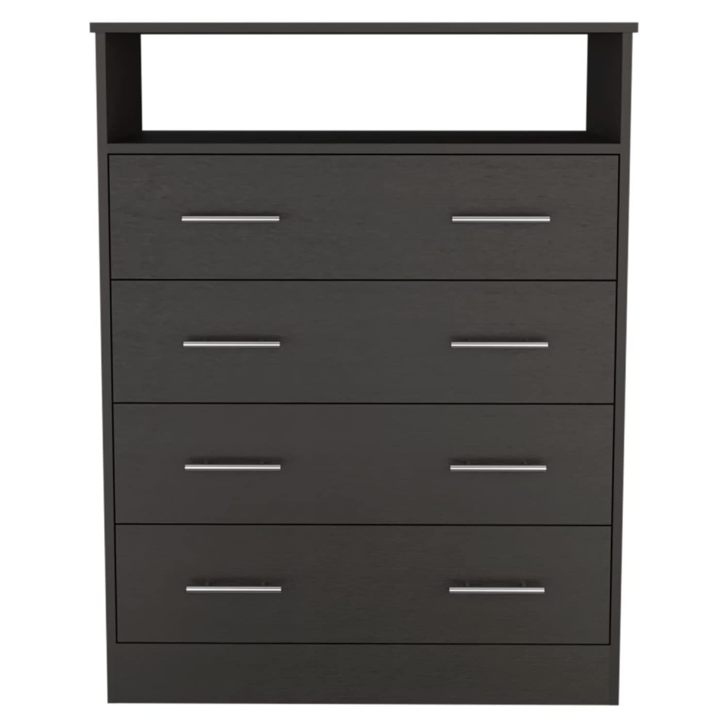 Serbian 4 Drawer Dresser With Open Shelf And Metal Handles, Black