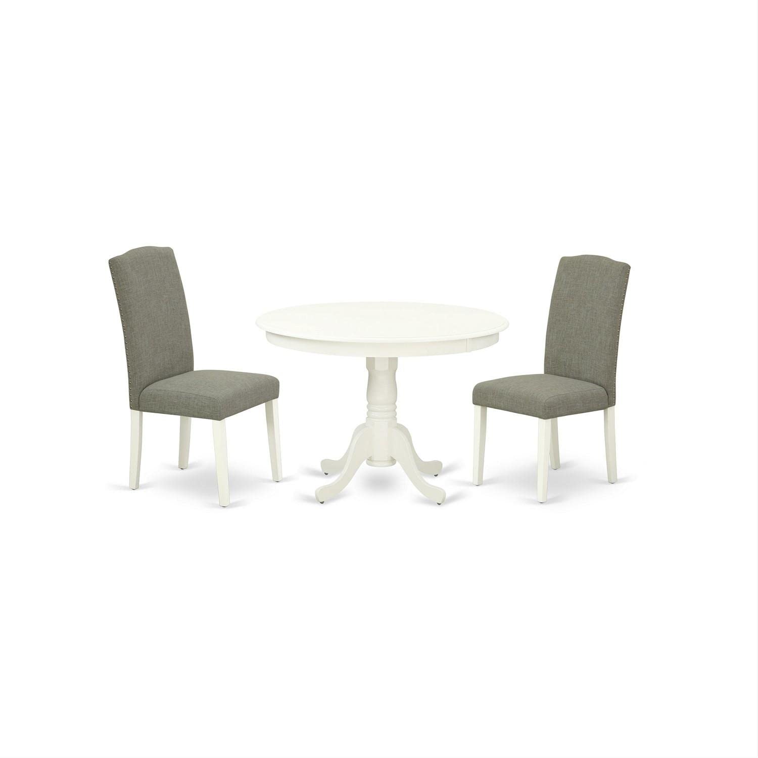 East West Furniture Hlen3-Lwh-06 3 Piece Dining Set For Small Spaces Contains A Round Dining Room Table With Pedestal And 2 Dark Shitake Linen Fabric Parson Chairs, 42X42 Inch, Linen White