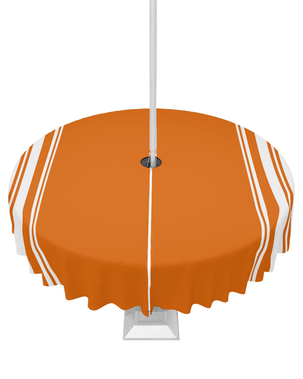 Fall Outdoor Tablecloth With Umbrella Hole, Farmhouse Orange White Stripe Round Tables Zippered Table Cloth Waterproof Tabletop