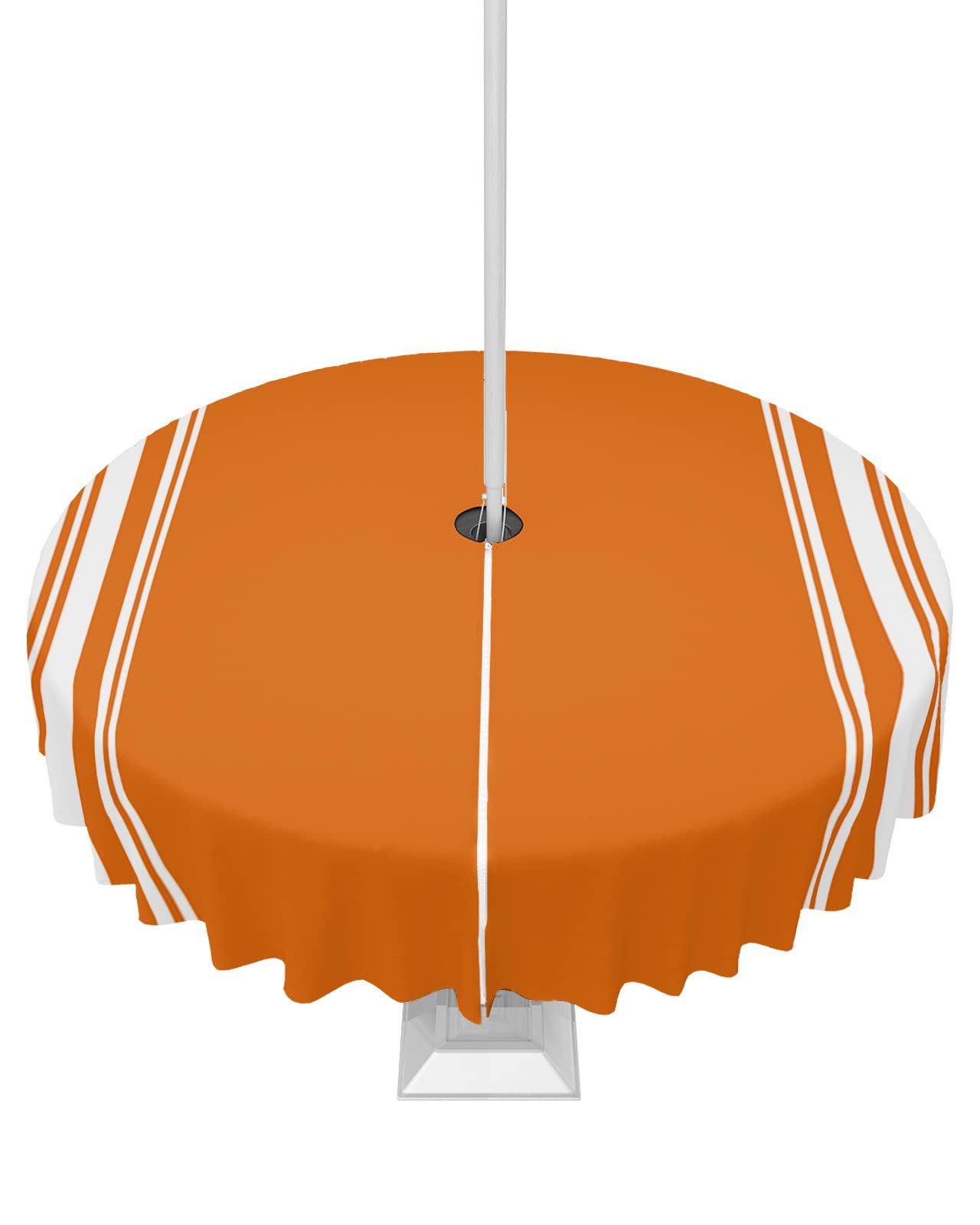 Fall Outdoor Tablecloth With Umbrella Hole, Farmhouse Orange White Stripe Round Tables Zippered Table Cloth Waterproof Tabletop