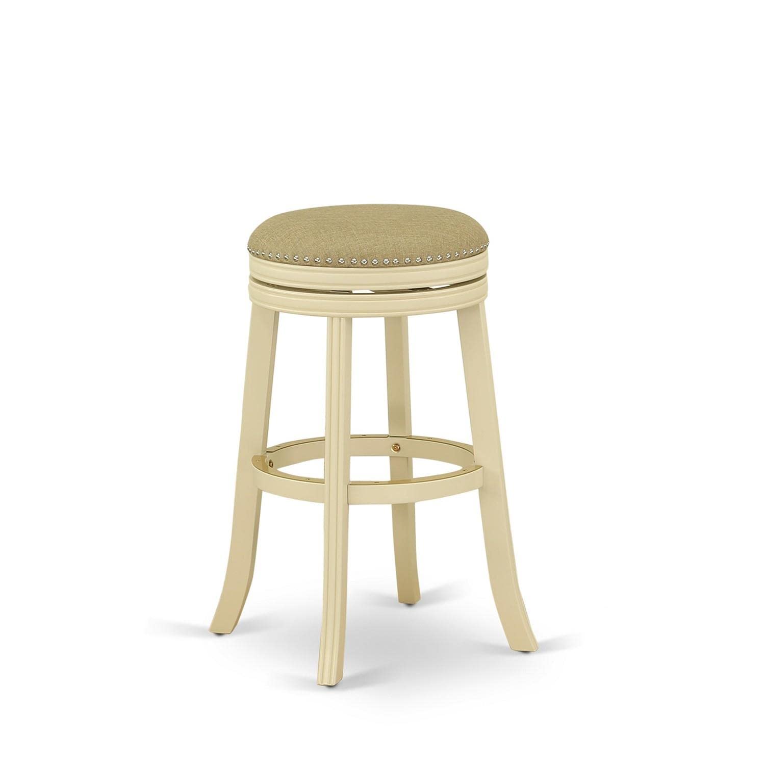 East West Furniture Dvs030-202 Devers Counter Stool Bar Chair - Round Shape Sandalwood Pu Leather Upholstered Bar Height Backless Chairs, 30 Inch Height, Linen White