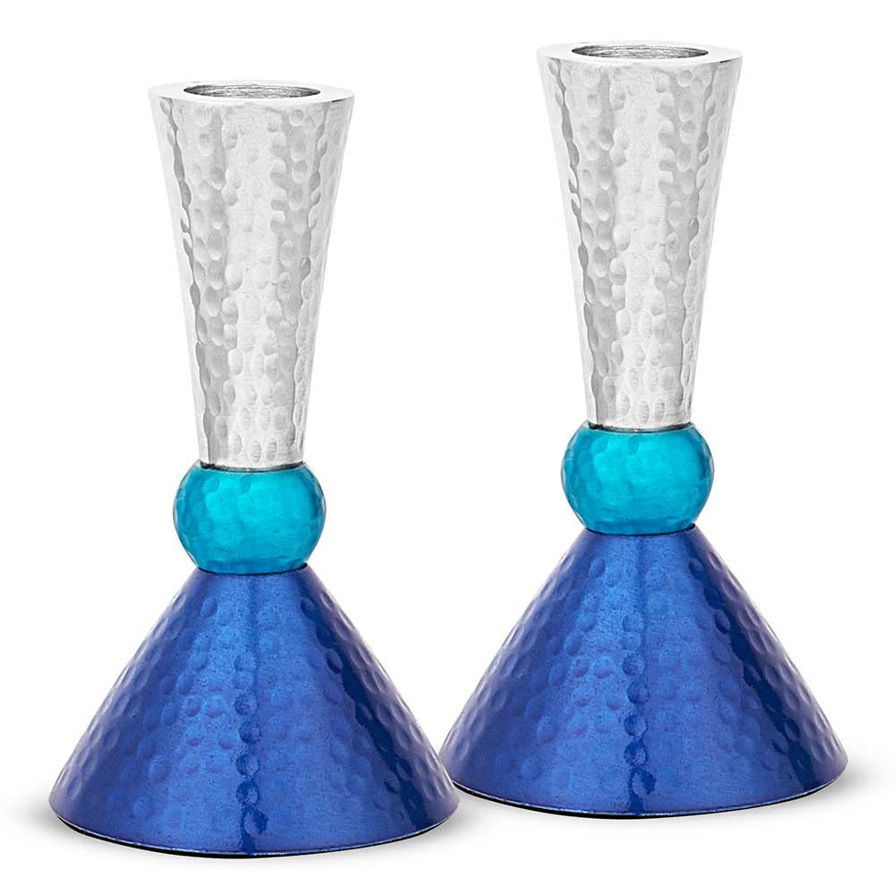 Zion Judaica Classic Candlestick Holders Set Anodized Metal Hammered Finish - Fits Thick Tapered and Shabbat Candles - Blue Tone