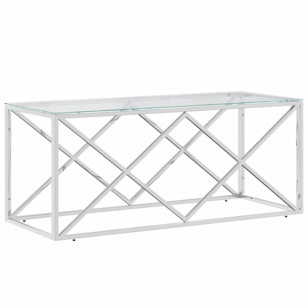 vidaXL Stainless Steel and Tempered Glass Coffee Table - Industrial Style Accent Side Table for Living Room, Lounge, Silver Rectangular Top