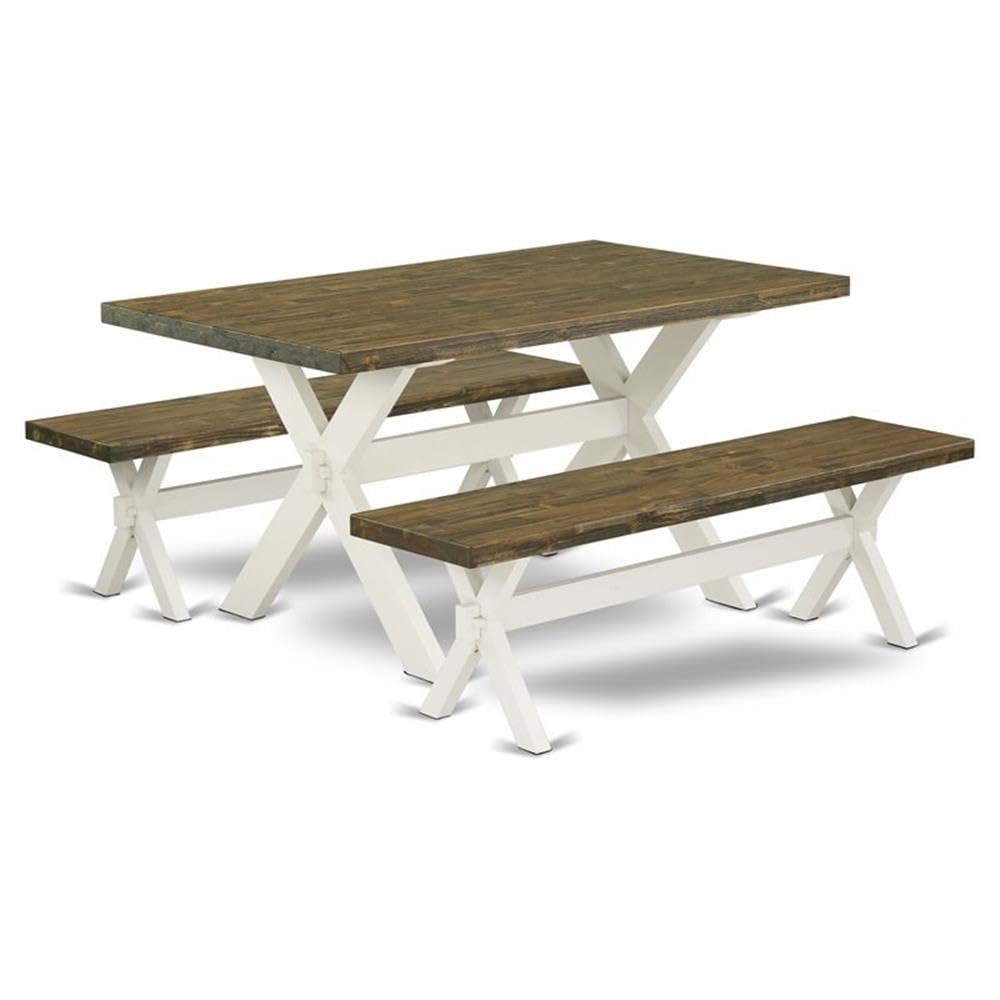 East West Furniture X2-076 3 Piece Dining Set Contains a Rectangle Dining Room Table with X-Legs and 2 Kitchen Table Bench, 36x60 Inch, Multi-Color