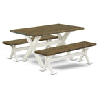 East West Furniture X2-076 3 Piece Dining Set Contains a Rectangle Dining Room Table with X-Legs and 2 Kitchen Table Bench, 36x60 Inch, Multi-Color