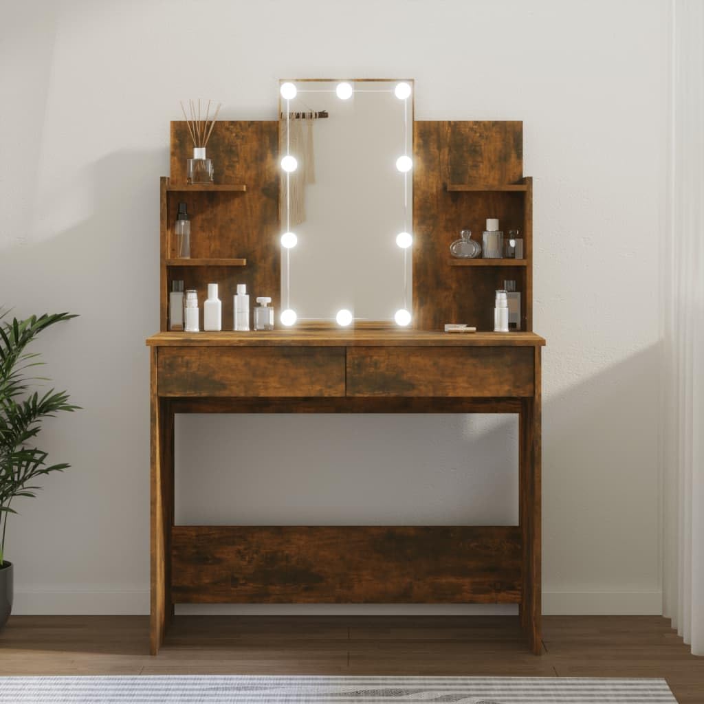 vidaXL Modern Smoked Oak Dressing Table - Engineered Wood with LED Light Feature, Asymmetrical Design, 37.8&quot;x15.7&quot;x55.9&quot;
