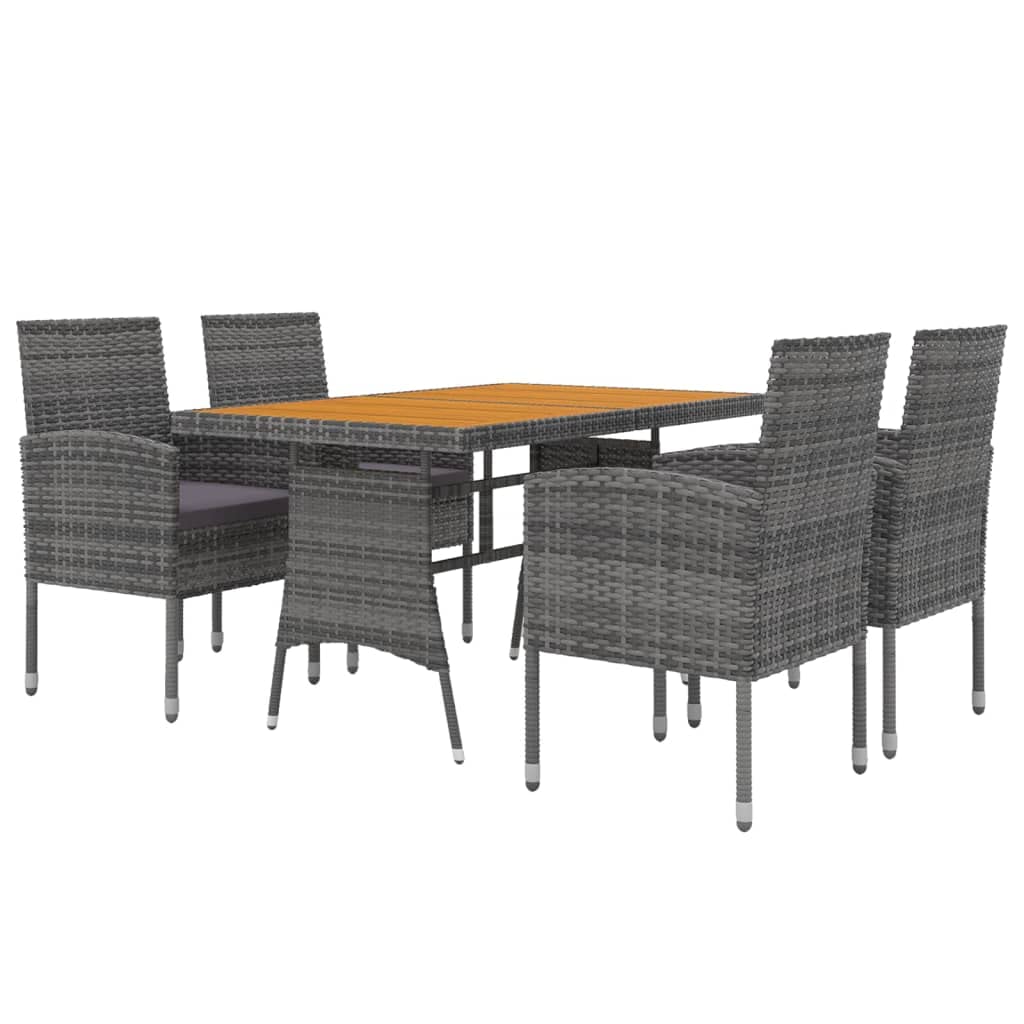 vidaXL Poly Rattan Outdoor Patio Dining Set - 5-Piece Set with Solid Acacia Wood Table and Water-Resistant Gray Rattan Chairs wi