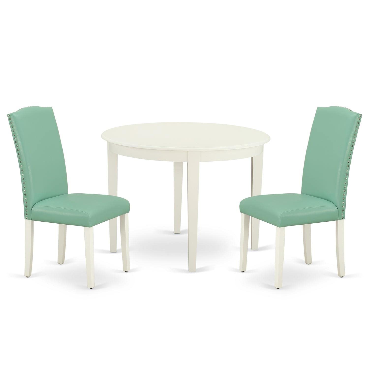 East West Furniture Boen3-Lwh-57 3 Piece Dining Room Table Set Contains A Round Kitchen Table And 2 Pond Faux Leather Upholstered Parson Chairs, 42X42 Inch, Linen White