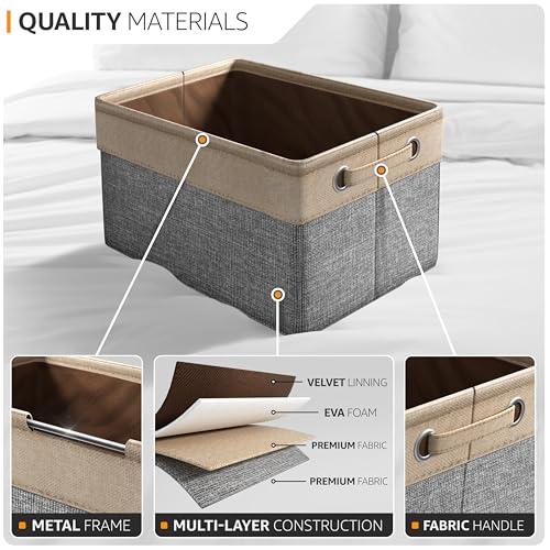 Sorbus Premium Fabric Storage Cubes 15 Inch- Big Sturdy Collapsible Storage Bins With Dual Handle- Foldable Baskets For Organizing- Decorative Cube Storage Bins For Home & Office Use- 3 Pack| Grey/Tan