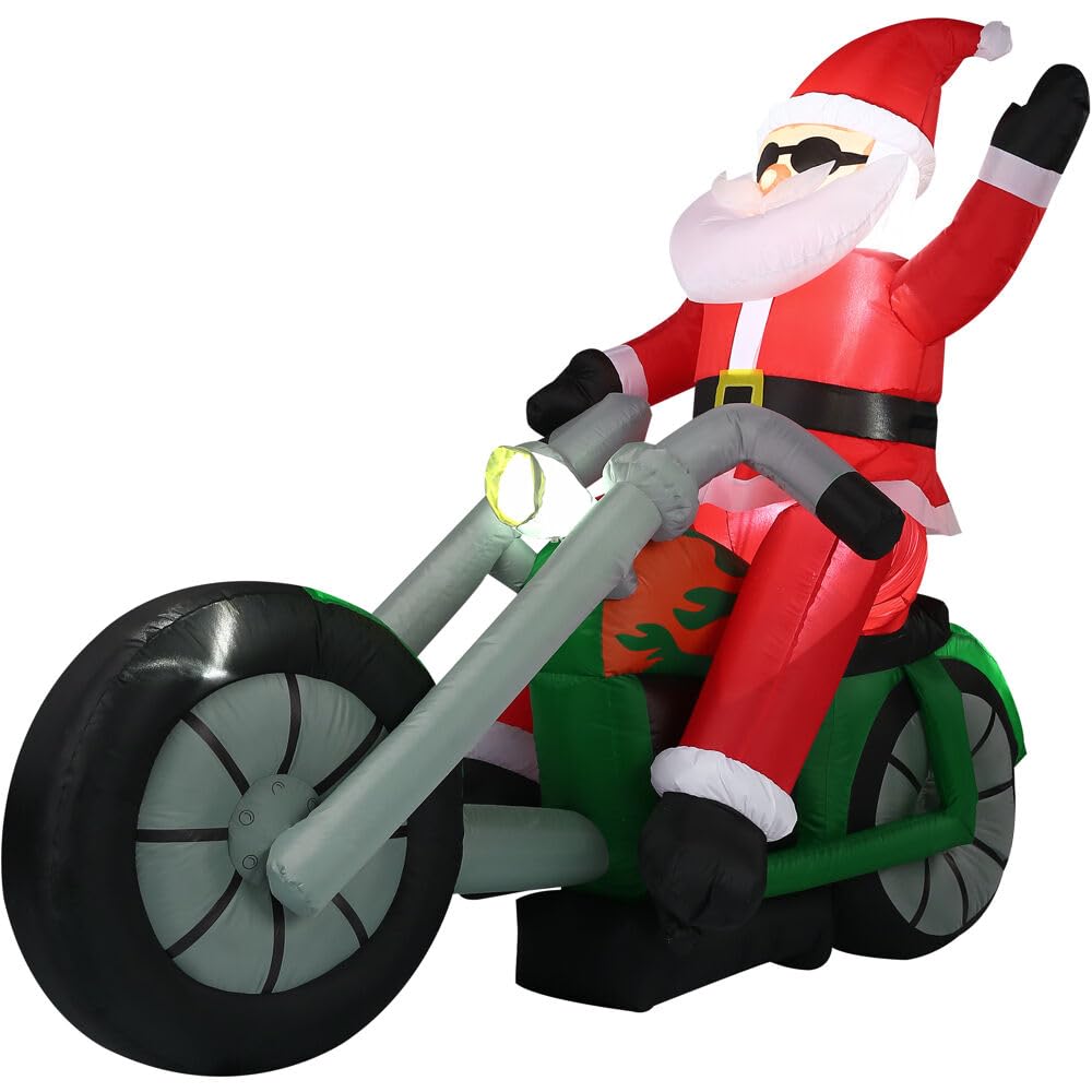 Fraser Hill Farm 6-Ft. Wide Motorcycle Santa Blow Up Inflatable With Lights, Outdoor Christmas Inflatable Decoration For Lawn And Yard, Giant Festive Holiday Decor