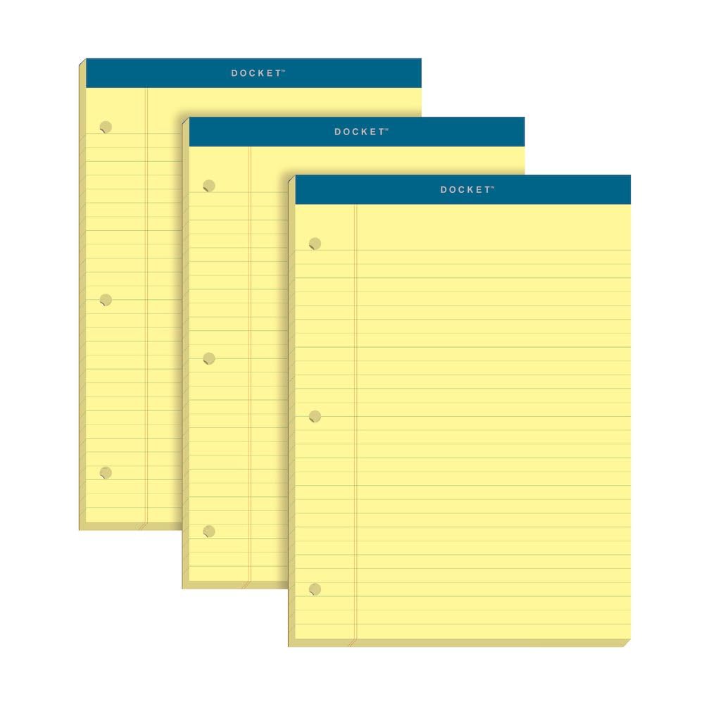Tops Docket Writing Pads, 8-1/2' X 11-3/4', Legal Rule, Canary Paper, 3-Hole Punched, 100 Sheets, 3 Pack (63392)