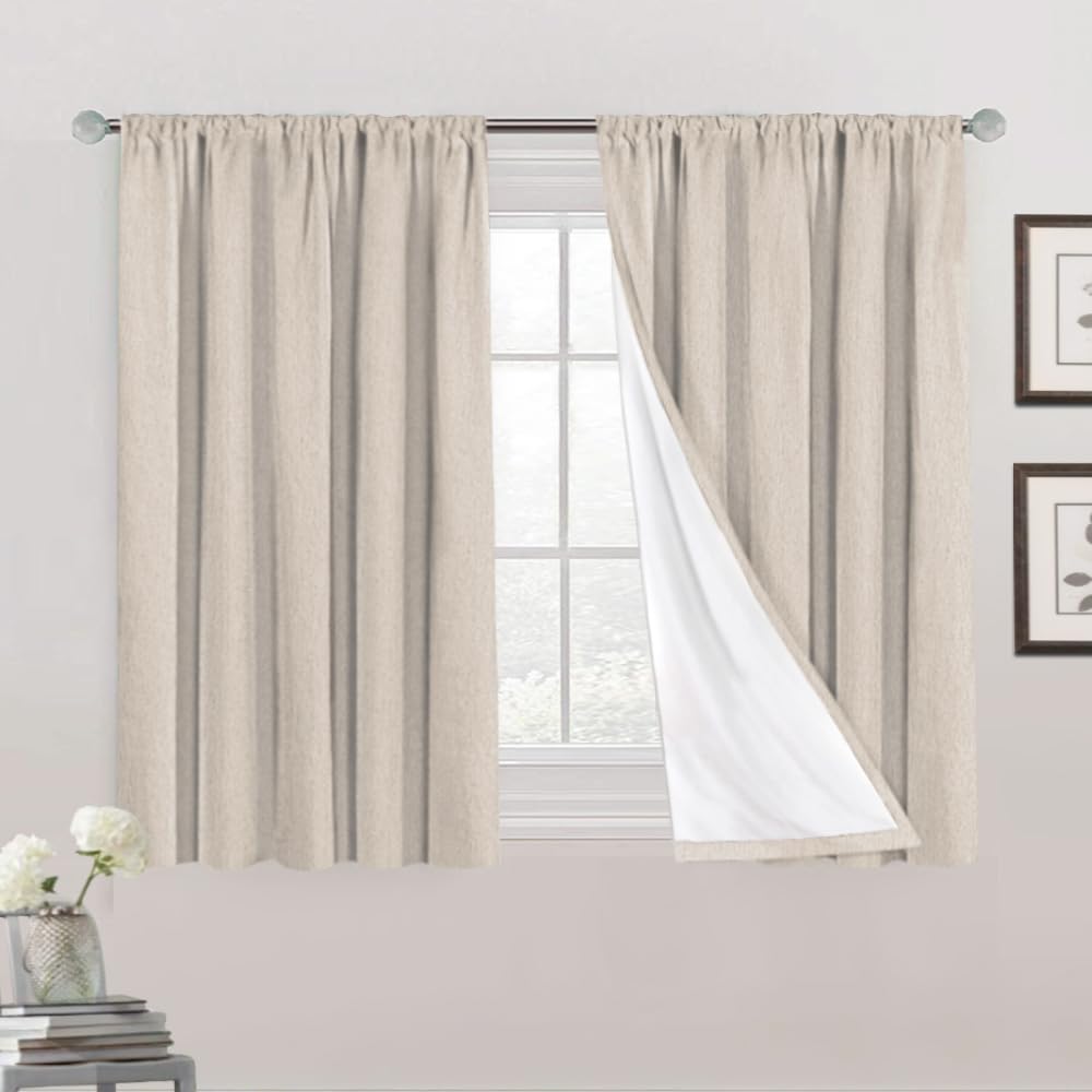 Princedeco Natural Linen Curtains 45 Inches For Small Window Rod Pocket Complete Blackout Drapes With White Liner,Thermal Insulated & Noise Reducing Panels(Set Of 2, Natural)