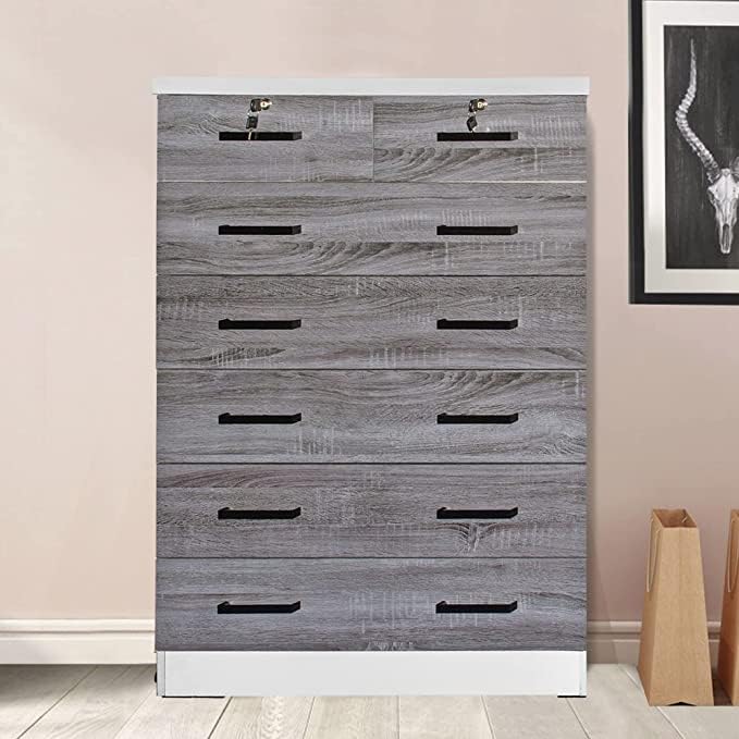 Better Home Products Cindy 7 Drawer Chest Wooden Dresser With Lock (White & Grey), Large, Wc7Chest