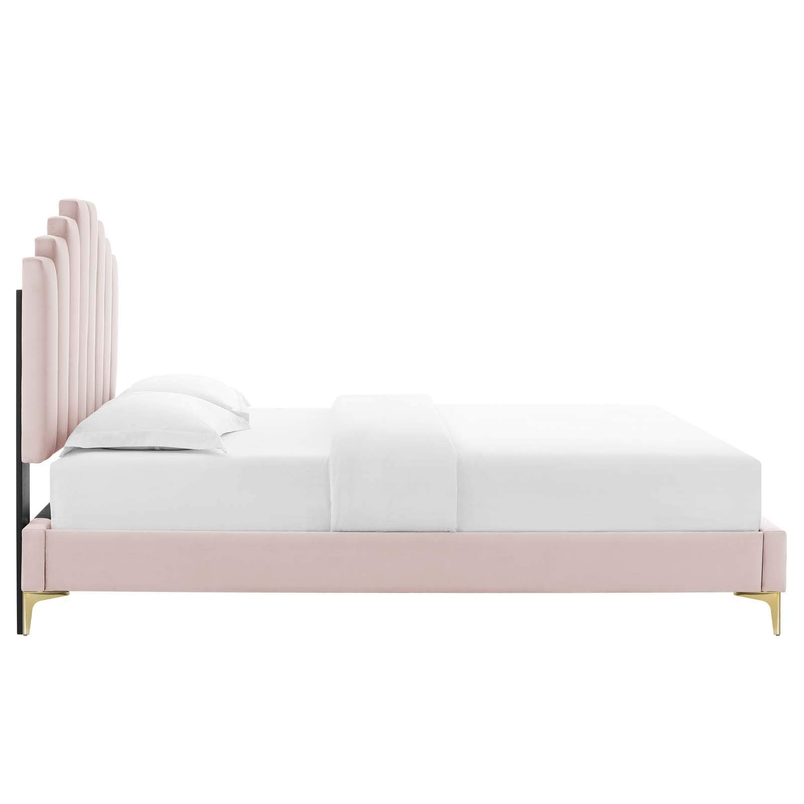Modway Elise Channel Tufted Performance Velvet King Platform Bed In Pink With Gold Metal Legs
