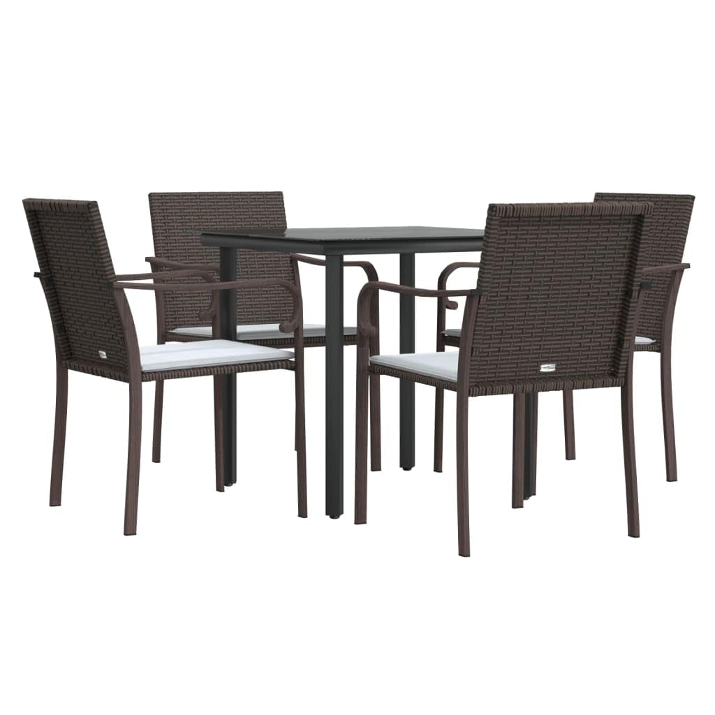 vidaXL 5-Piece Patio Dining Set - Weather-Resistant PE Rattan and Steel Construction, Brown and Cream Color Scheme, Tempered Glass Table & Comfortable Chairs with Cushions