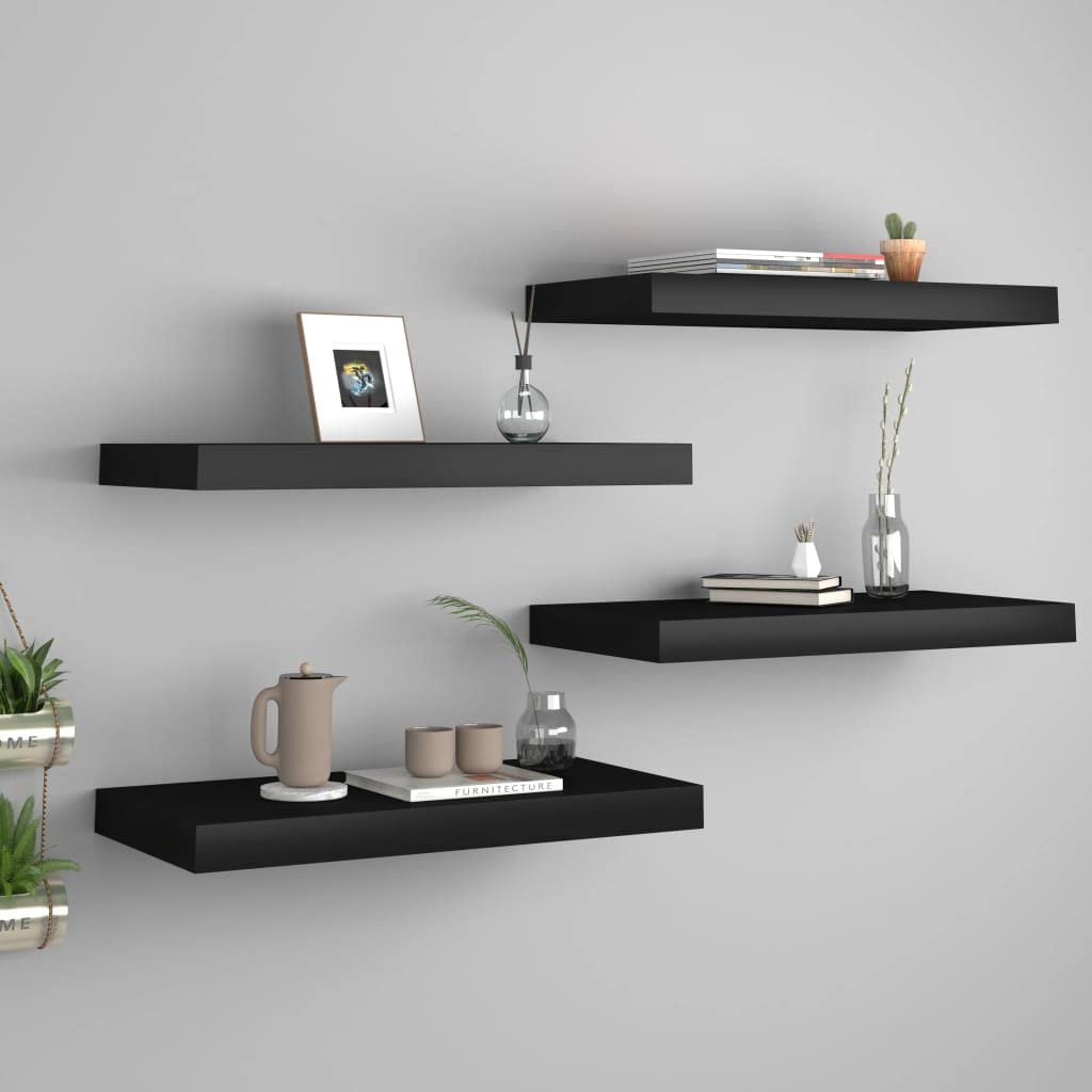 vidaXL Floating Wall Shelves Set of 4 in Black, 19.7&quot;x9.1&quot;x1.5&quot;, Easy Installation, Modern Decorative Display and Book Shelves with Invisible Mounting, Honeycomb MDF and Metal Frame