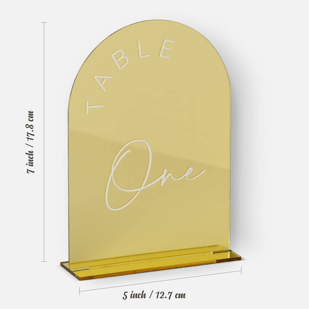 Gold Mirror Arched Wedding Table Numbers With Stands 1-10, 5X7 Inch Acrylic Arch Sign With Holder, Table Number 1-10, 5''X7'')