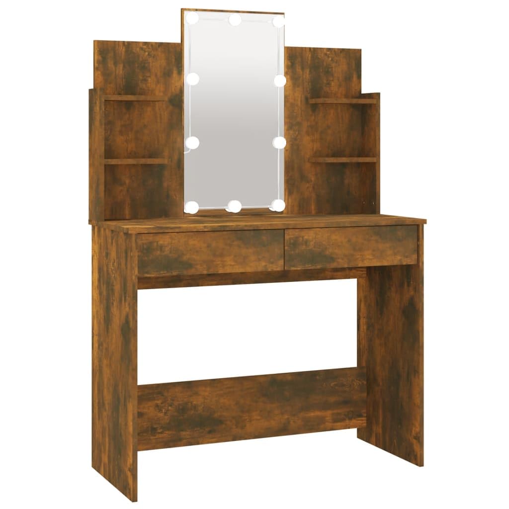 vidaXL Modern Smoked Oak Dressing Table - Engineered Wood with LED Light Feature, Asymmetrical Design, 37.8&quot;x15.7&quot;x55.9&quot;