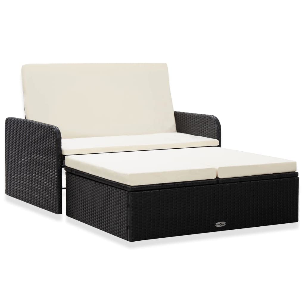 vidaXL Weather-Resistant 2 Piece Patio Lounge Set - Modern Compact Poly Rattan Sofa Set - Includes Thickly Padded Cream-White Cushions - Black Patio Furniture Set Ideal for Garden, Balcony & Patio