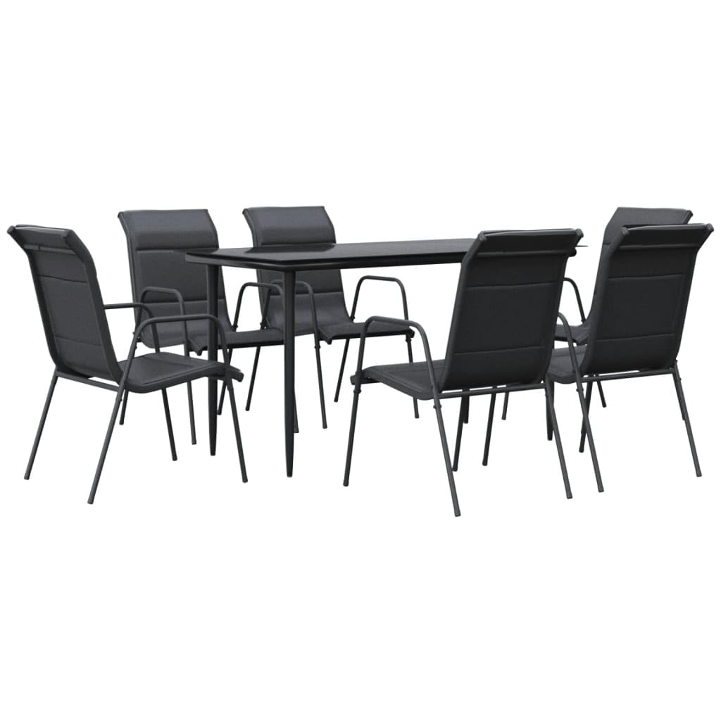 vidaXL 7-Piece Patio Dining Set with Black Steel Frame and Textilene Fabric - Outdoor Furniture with Rectangular Tempered Glass Tabletop, Onesize