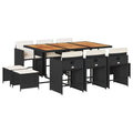 vidaXL Patio Dining Set with Cushions - 11 Piece Outdoor Furniture PE Rattan/Acacia Wood Table & Chairs, Black/Cream